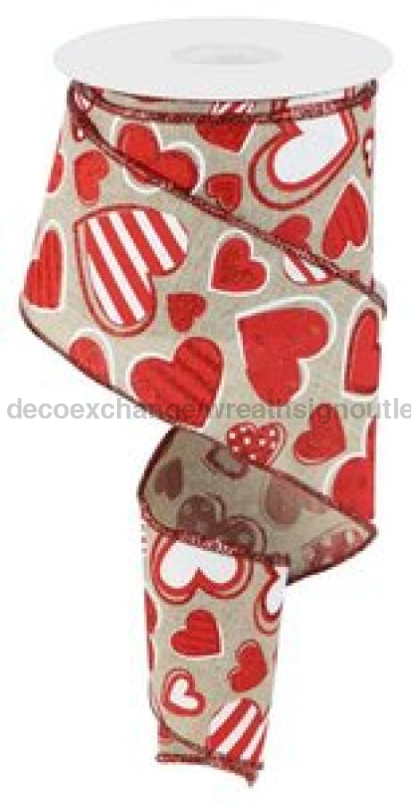 2.5’X10Yd Patterned Hearts On Royal Natural/White/Red Rg0164167 Ribbon