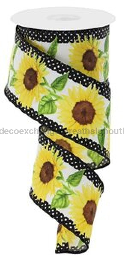 2.5’X10Yd Sunflowers W/Polka Dots White/Yellow/Brown/Green Rge110527 Ribbon