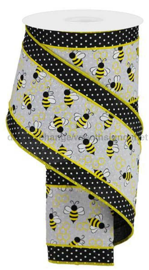 4"X10Yd 2 In 1 Bumblebees/Swiss Dots White/Yellow/Black RG0817427 - DecoExchange