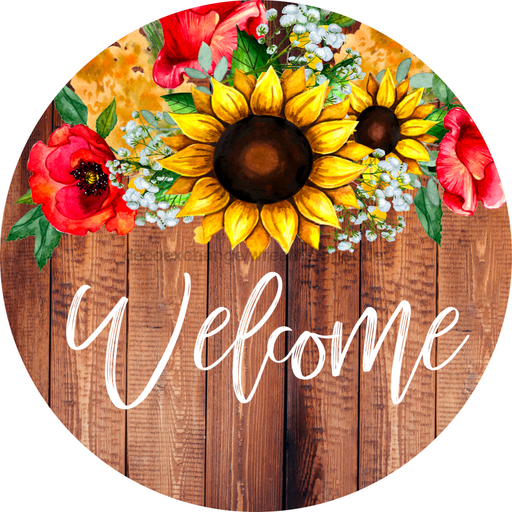 Wreath Sign, Welcome Sign, Sunflower Sign, 12" Round Metal Sign DECOE-847, Sign For Wreath, DecoExchange - DecoExchange