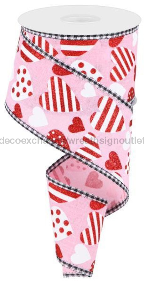 2.5X10Yd Valentine Hearts/Gingham Lt Pink/White/Red Rga846115 Ribbon
