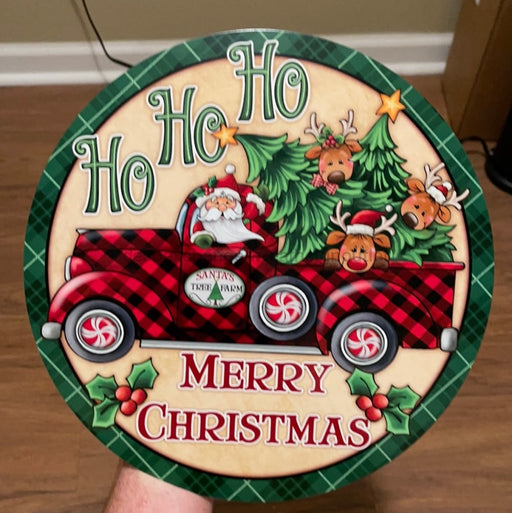 Wreath Sign, 12" Round Ho Ho Ho Reindeer w/ Truck Sign - DECOE-027, DecoExchange, Sign For Wreaths - DecoExchange