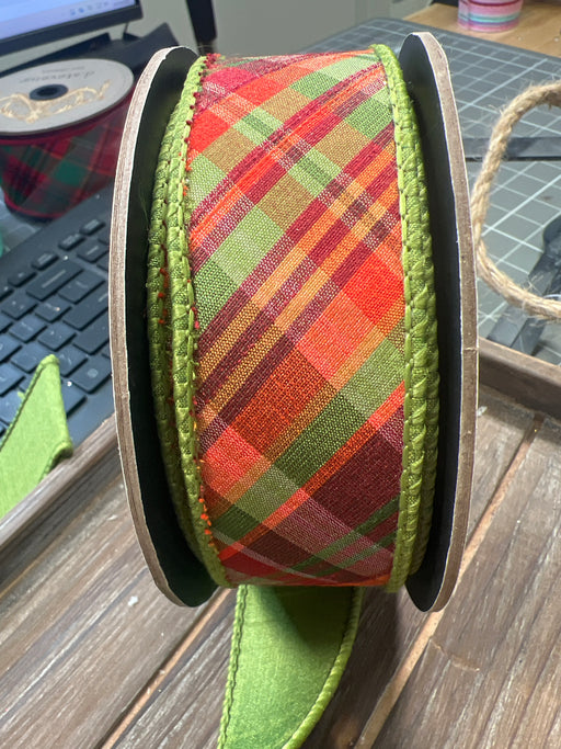 1.5” X 10Yds Dupion Diagonal Auburn Plaid, Orange Burgundy Green 05-1416 - DecoExchange®