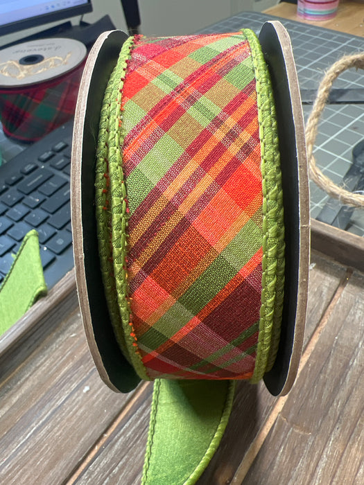 1.5” X 10Yds Dupion Diagonal Auburn Plaid, Orange Burgundy Green 05-1416 - DecoExchange®