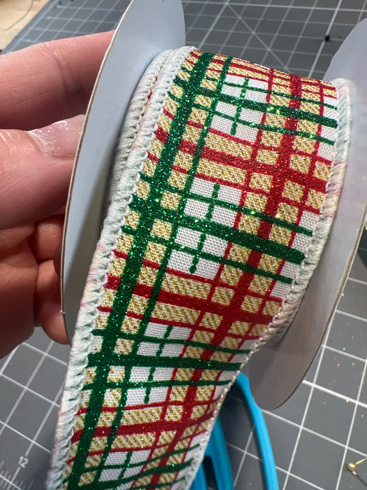 1.5"X10Yd Glitter Print Plaid White/Emerald/Red/Gold RGF195627 - DecoExchange®