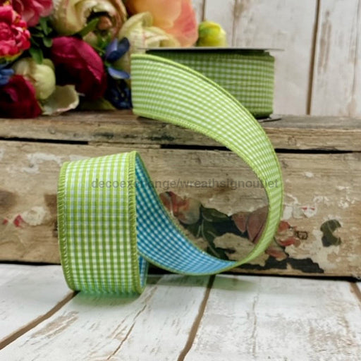 1.5’ X 10 Yards - Poplin Gingham Lime Green And Blue Ribbon