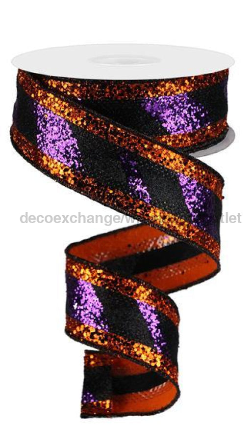 1.5X10Yd 3-In-1 Diagonal Glitter Stripe Purple/Black/Orange Rg8951Ge Ribbon