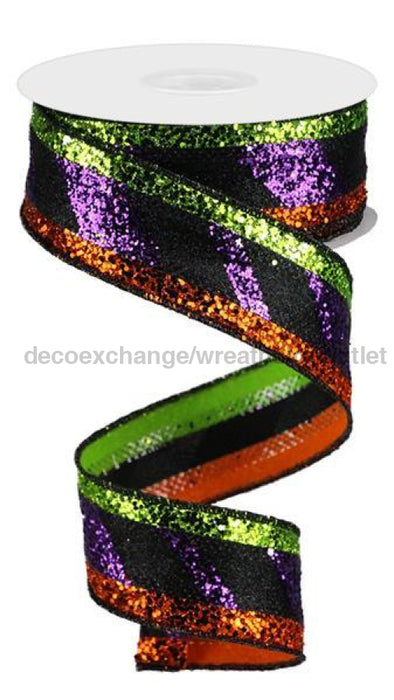 1.5X10Yd 3-In-1 Diagonal Glitter Stripe Purple/Orange/Lime Rg89519K Ribbon