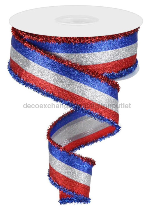 1.5’’X10Yd 3-In-1 Shimmer Glitter/Tinsel Royal Blue/Silver/Red RGA81437T Ribbon