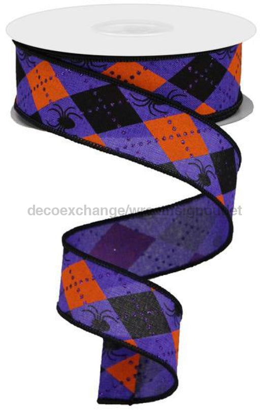 1.5"X10Yd Argyle Spiders On Royal Purple/Orange/Black RGA134923 - DecoExchange®