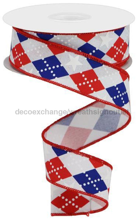 1.5"X10Yd Argyle Stars On Royal White/Red/Blue RGA135827 - DecoExchange