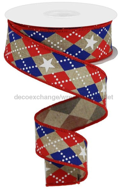 1.5"X10YD ARGYLE STARS ON ROYALLT BEIGE/RED/WHITE/BLUE RGA135801 - DecoExchange