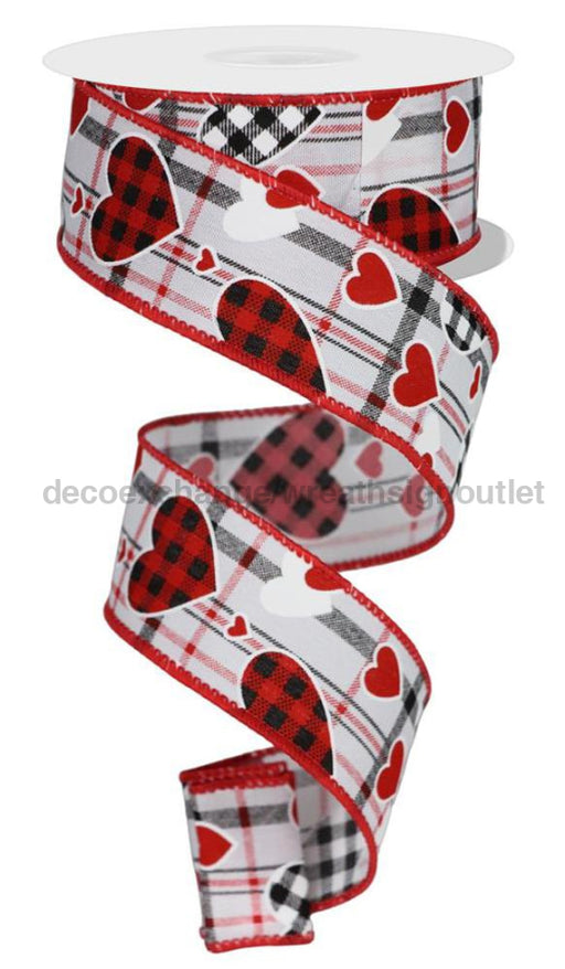 1.5’’X10Yd Check Heart/Mini Heart/Plaid White/Red/Black RGE1407 Ribbon
