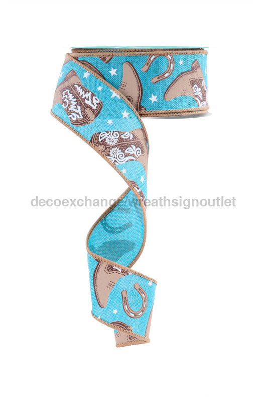 1.5’’X10Yd Cowboy Boots Lt Teal/Brown/Tan/White Rgf1535A6 Ribbon