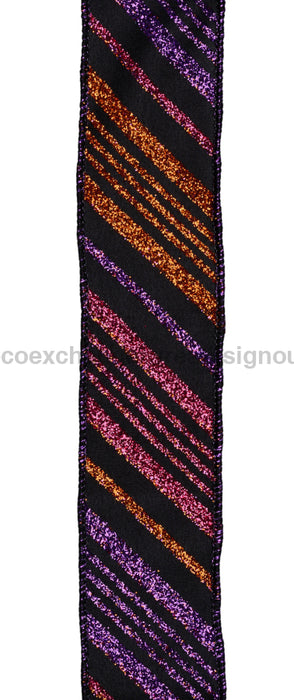 1.5’’X10Yd Diagonal Glitter Stripe Black/Prpl/Orng/Hot Pink RGF1430YR Ribbon