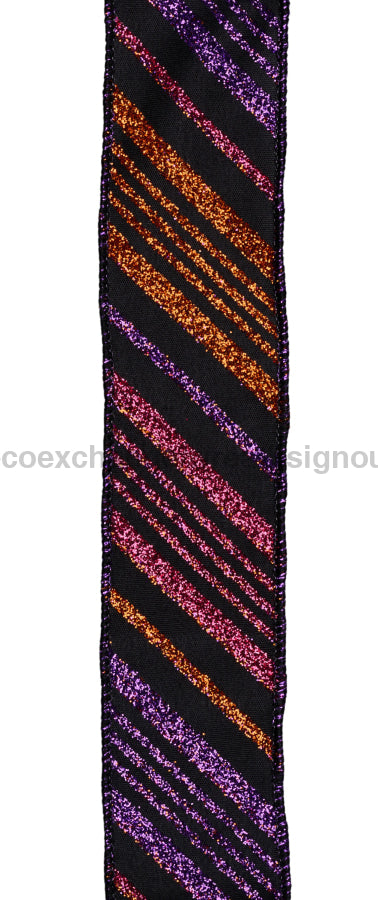 1.5’’X10Yd Diagonal Glitter Stripe Black/Prpl/Orng/Hot Pink RGF1430YR Ribbon