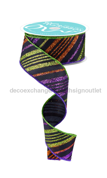 1.5’’X10Yd Diagonal Glitter Stripe Black/Purple/Orange/Lime RGF1430CY Ribbon