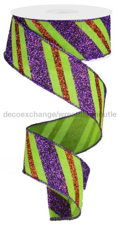 1.5"X10yd Diagonal Glitter Stripe/Royal Lime/Purple/Orange RG017659K - DecoExchange
