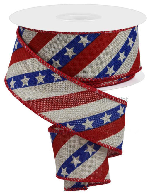 1.5’’X10Yd Diagonal Stripes W/Stars Lt Natural/Royal Blue/Red RGE105618 Ribbon