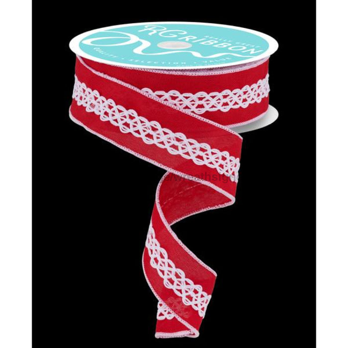 1.5’X10Yd Faux Royal Burlap/Lace Middle Red/White Rgc8110W7 Ribbon