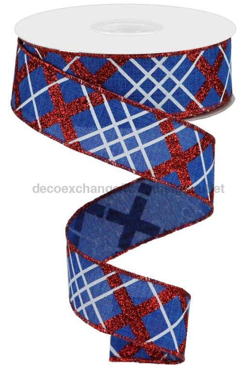 1.5’’X10Yd Glitter Diagonal Plaid/Royal Royal Blue/Red/White RGA124725 Ribbon