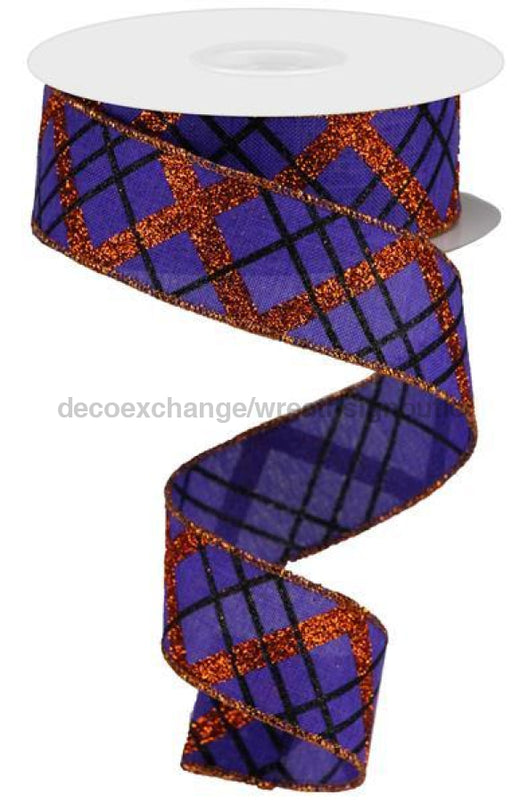 1.5"X10Yd Glitter Diagonal Plaid/Royal Purple/Orange/Black RGA1222M2 - DecoExchange®