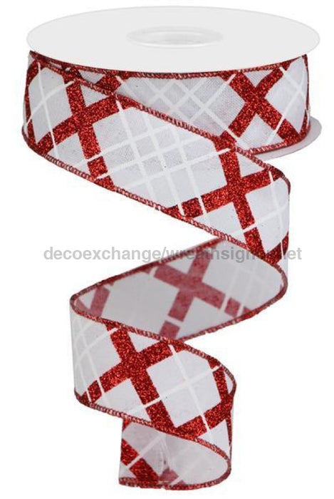 1.5"X10Yd Glitter Diagonal Plaid/Royal White/Red RGA124727 - DecoExchange