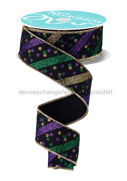1.5’’X10Yd Glitter Stripe W/Confetti Dots Blk/Gold/Purple/Emerald RGF199286 Ribbon