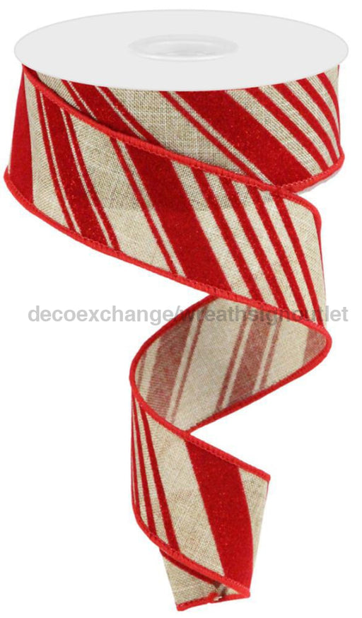 1.5’X10Yd Glitter Velvet Diag Stripes Beige/Red Rgc181201 Ribbon