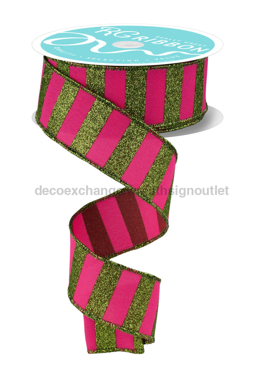 1.5’’X10Yd Horizontal Glitter Stripes Hot Pink/Lime Green RGF1966AW Ribbon