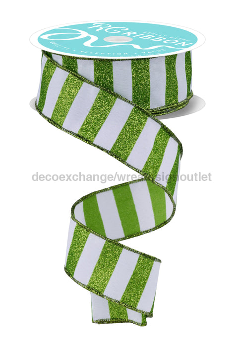 1.5’’X10Yd Horizontal Glitter Stripes White/Lime Green RGF1966F5 Ribbon
