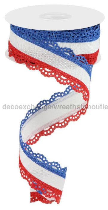 1.5’’X10Yd Lace Edge Royal Burlap Red/White/Blue Rga1541A1 Ribbon