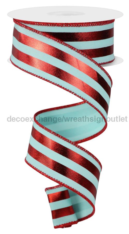 1.5’X10Yd Metallic Vertical Stripes Ice Blue/Red Rge143140 Ribbon