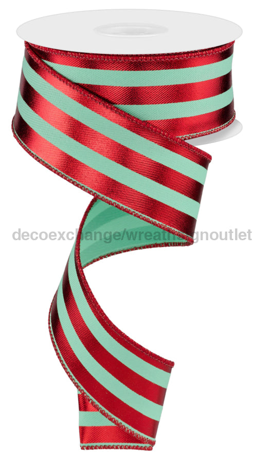 1.5’X10Yd Metallic Vertical Stripes Mint/Red Rge1431An Ribbon
