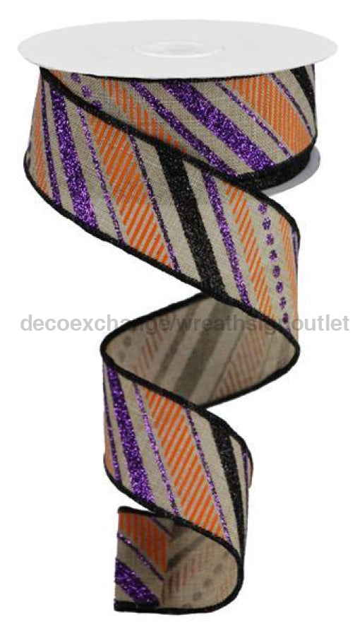 1.5"X10Yd Multi Diagonal Stripes/Royal Nat/Purple/Black/Orange RGB1301C7 - DecoExchange