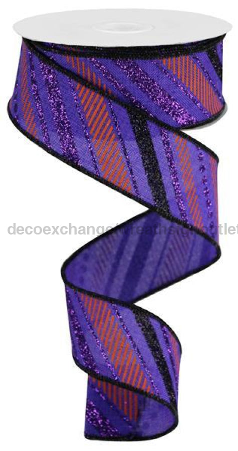 1.5"X10Yd Multi Diagonal Stripes/Royal Purple/Black/Orange RGB130123 - DecoExchange