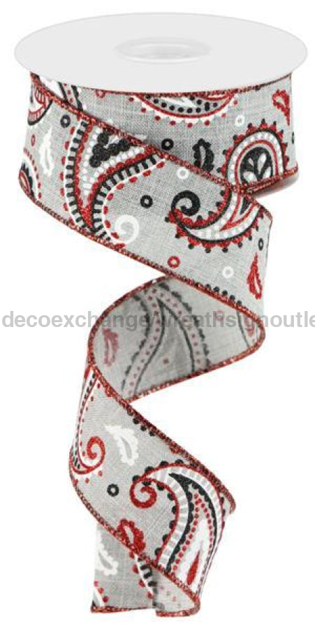 1.5"X10Yd Paisley On Royal Lt Grey/Wht/Red/Blk RGC138110 - DecoExchange