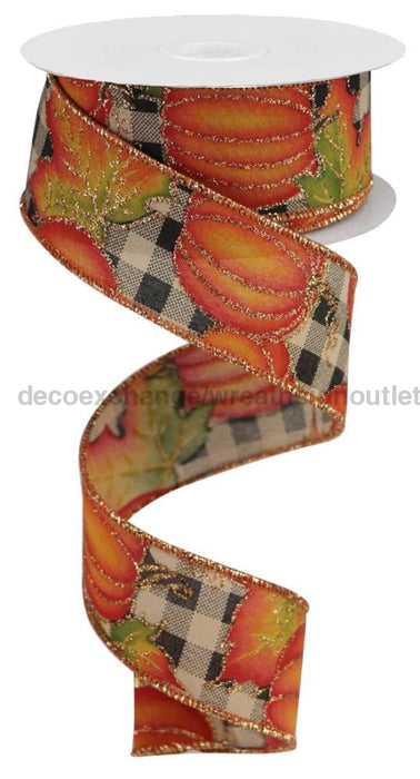 1.5’’X10Yd Pumpkin/Leaves On Check Beige/Orange/Yellow/Green RGA195101 Ribbon