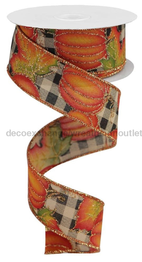 1.5’’X10Yd Pumpkin/Leaves On Check Beige/Orange/Yellow/Green RGA195101 Ribbon