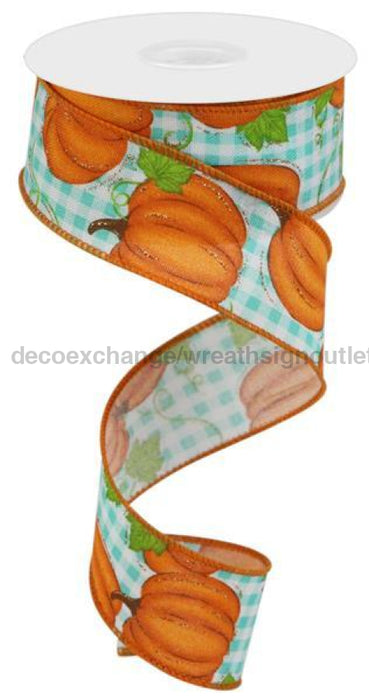 1.5"X10Yd Pumpkin Patch/Check White/Orange/Moss/Turq RGA14793T - DecoExchange