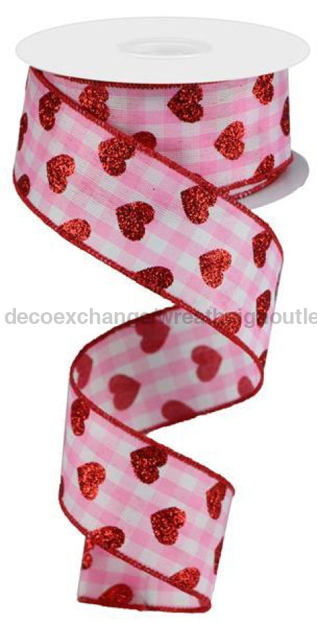 1.5"X10Yd Small Glitter Hearts/Check Lt Pink/White/Red RGA1743WT - DecoExchange