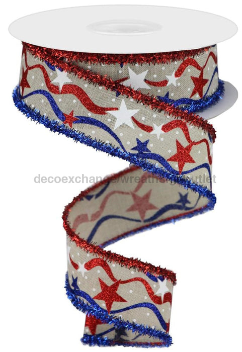 1.5’’X10Yd Star/Wavy Stripe/Royal/Tinsel Lt Nat/Red/White/Blue RG0835201 Ribbon
