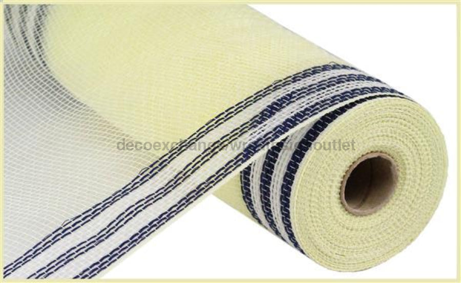 10.25X10Yd Faux Jute/Pp/Border Stripe Cream/Navy Blue Ry8325K7 Mesh