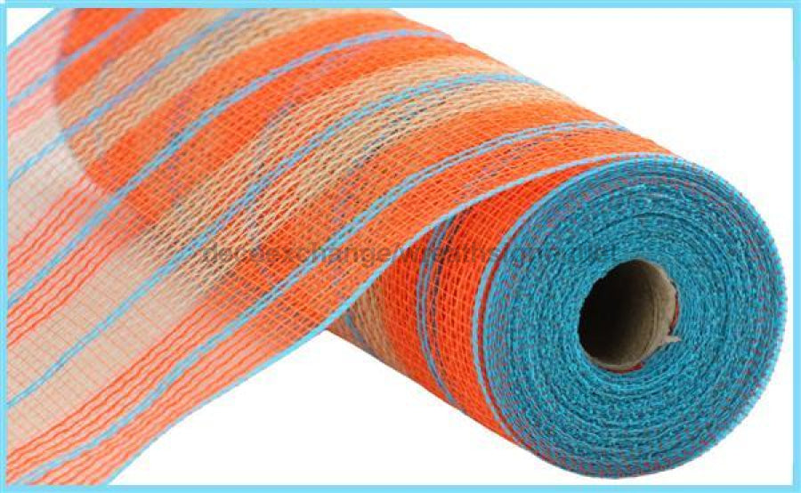 10.25X10Yd Faux Jute/Thick Stripe Mesh Orange/Natural/Turquoise Ry8330X4