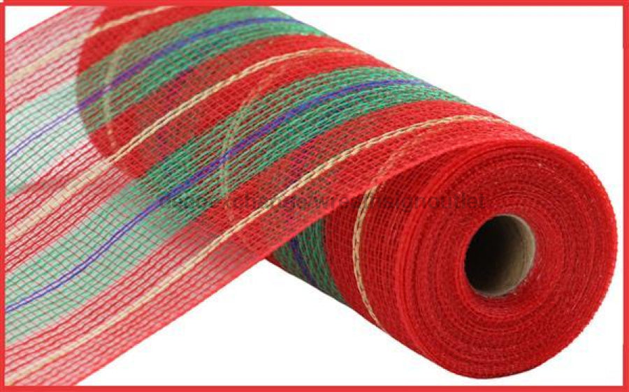 10.25"X10Yd Faux Jute/Thick Stripe Mesh Red/Emerald/Ryl Blue/Gold RY8334X7 - DecoExchange®
