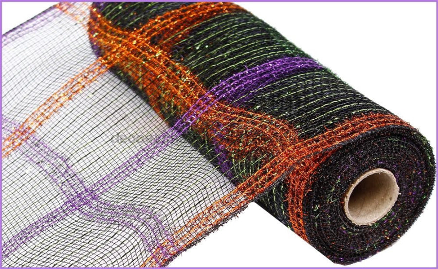10.25’’X10Yd Tinsel/Foil Stripe Check Black/Orange/Purple/Lime RY840576 Mesh