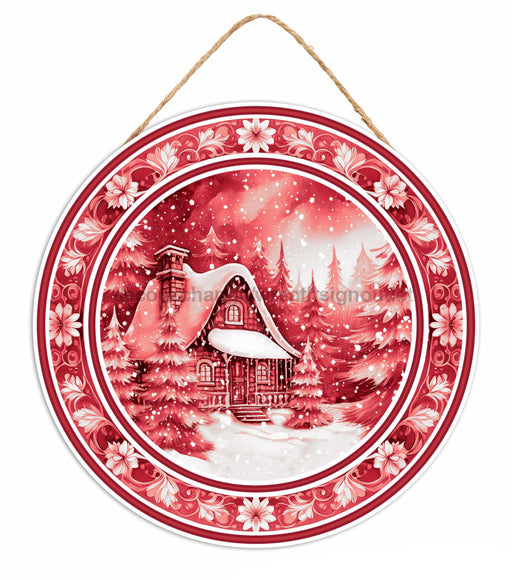 10.5’’Dia Mdf Winter Cabin Scene Sign Red/White AP742424 Sign