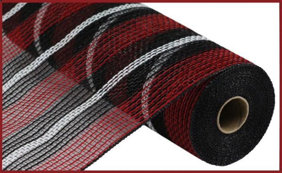 10.5"X10Yd Faux Jute/Pp Stripe Mesh Red/Black/White RY8327H9 - DecoExchange