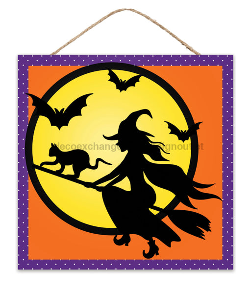 10’’Sq Mdf Witch Flying Sign Orange/Yellow/Prpl/Black AP739691 Sign