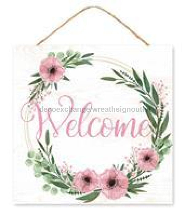 10"Sq Welcome Floral Wreath Glitter Sign White/Pink/Green/Black AP889215 - DecoExchange